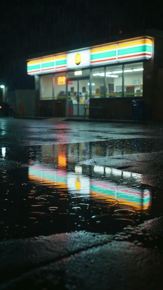 xAI Grok Imagine 交回来的静帧:雨夜便利店招牌,倒影在积水里